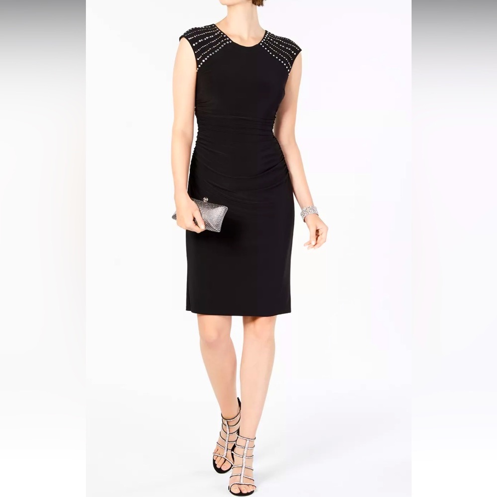 Women Formal Dress Size 14 JESSICA HOWARD Embellished Sheath Ruched Waist Black